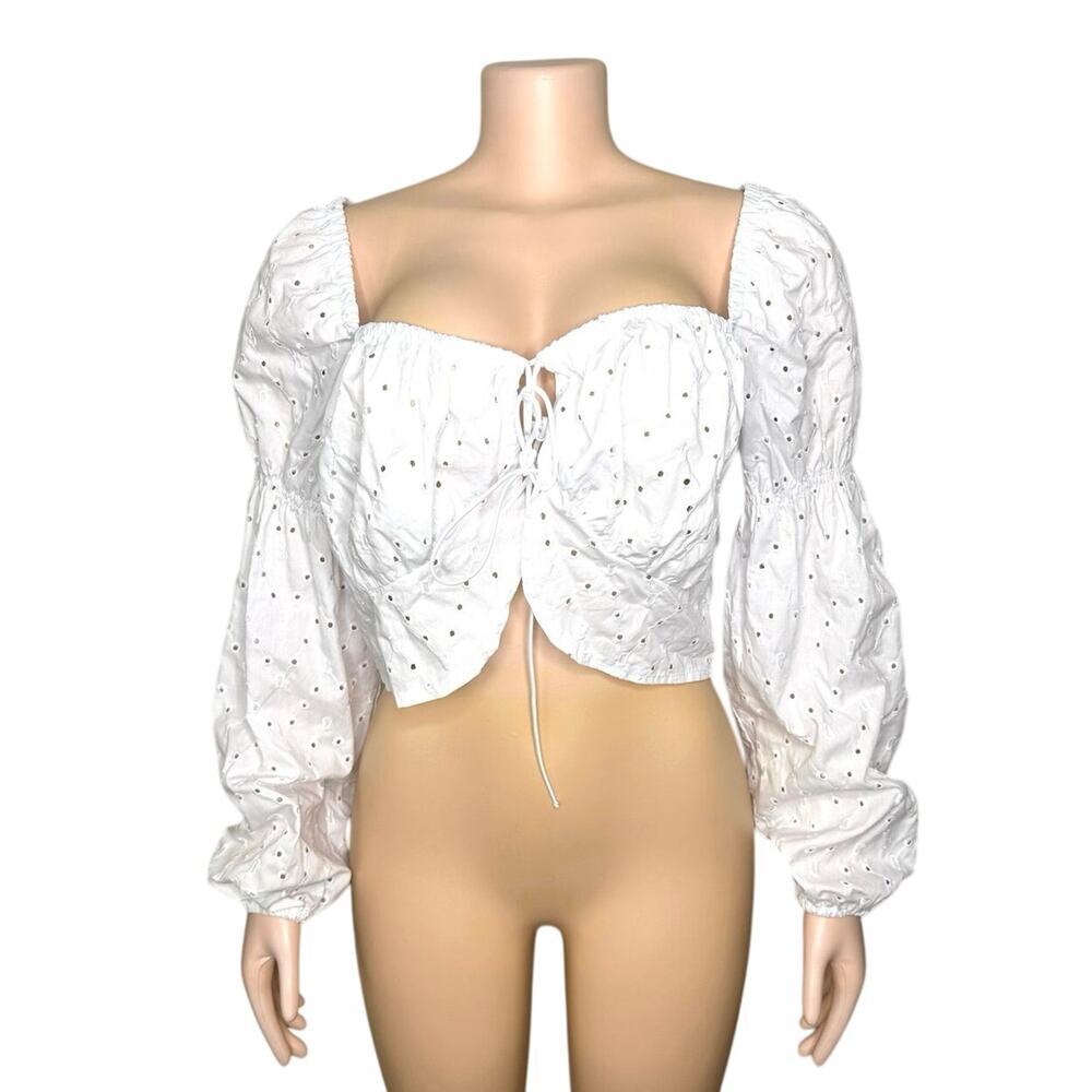 H&M Divided White Eyelet‎ Tie Front Long Sleeve Balloon Top Size XL Blouse